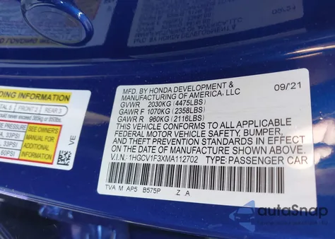 2021 Honda Accord Sport z USA, uszkodzony, nr VIN 1HGCV1F3XMA112702